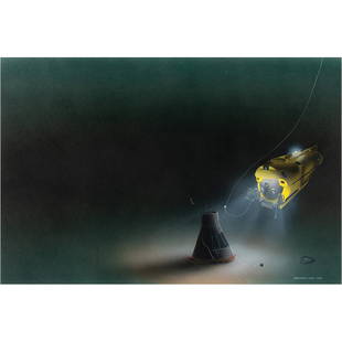 Liberty Bell 7 Original Painting by Mike Lee - From the Collection of Curt Newport: Original airbrushed painting by artist Michael Lee of the sunken Liberty Bell 7 spacecraft on the floor of the Atlantic Ocean, accomplished on 20.75 x 20 illustration board and depicting Gus Grissom&r