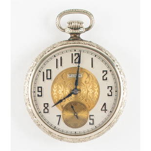 Jim McDivitt's Elgin Pocket Watch: NASA astronaut Jim McDivitt’s beautiful vintage circa 1920s silvertone pocket watch by the Elgin Watch Company, 2″ x 2.5″, with goldtone sundial and ornate central design encircled w