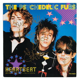 The Psychedelic Furs Signed Album: Heartbeat 12″ single signed on the front of the sleeve in gold ink by Richard Butler, John Asthon, and Tom Butler. In fine condition. The record is included.