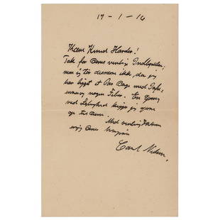 Carl Nielsen Autograph Letter Signed: Important Danish composer (1865-1931) best known for his six grandly scaled symphonies, a number of which bear such evocative subtitles as "The Expansive" (No. 3) and "The Inextinguishable" (No. 4). A