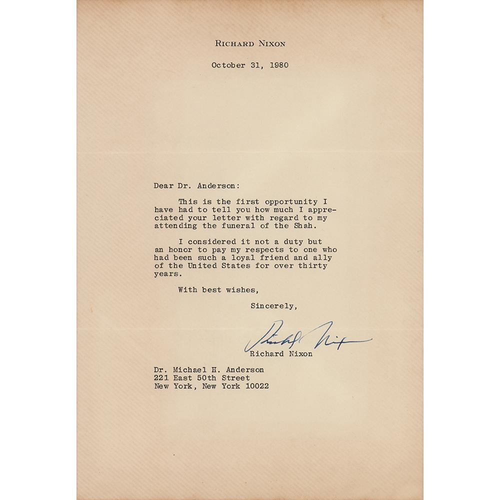 Richard Nixon Typed Letter Signed: TLS, one page, 7.25 x 10.5, personal letterhead, October 31, 1980. Letter to Dr. Michael Anderson, in part: "This is the first opportunity I have had to tell you how much I appreciated your letter wit
