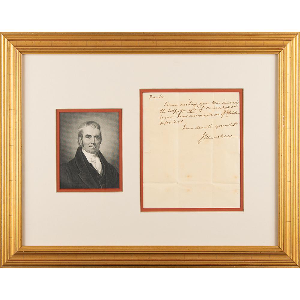 John Marshall Autograph Letter Signed: Uncommon ALS signed “J. Marshall,” one page, 6 x 7.25, no date. Handwritten letter to Walter L. Fontaine, in full: "I have received your letter inclosing the half of a note of one hundred