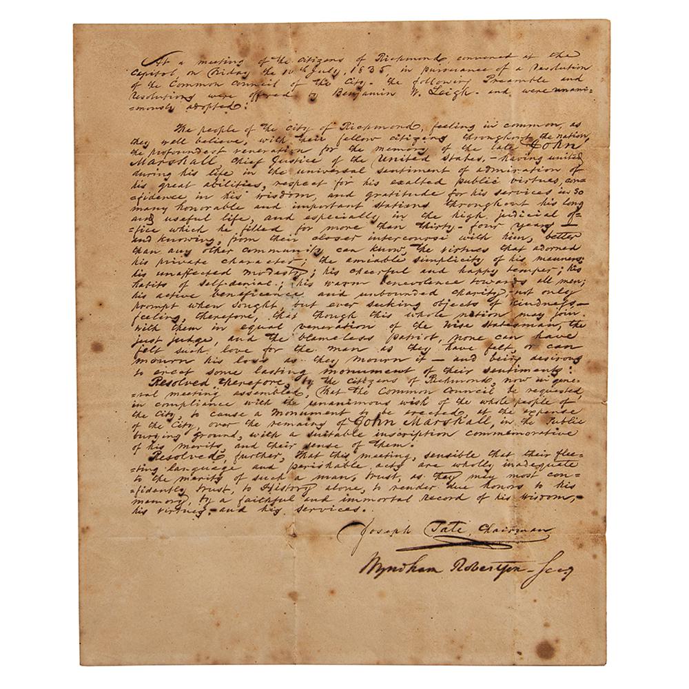 John Marshall Eulogy: Handwritten Manuscript by Joseph Tate: Original manuscript eulogy and resolutions of remembrance for Chief Justice John Marshall, signed by the Mayor of Richmond, "Joseph Tate, Chairman," and "Wyndham Robertson, Sec'y," one page, 7.25