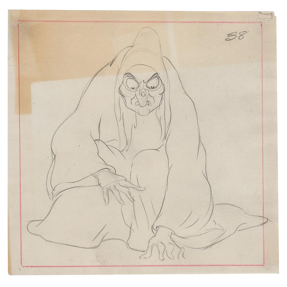 Wicked Witch production storyboard drawing from Snow White and the Seven Dwarfs: (Walt Disney Studios, 1937) Exceptional original production storyboard drawing of the Wicked Witch from Snow White and the Seven Dwarfs, depicting Disney’s original scary witch kneeling in a fro