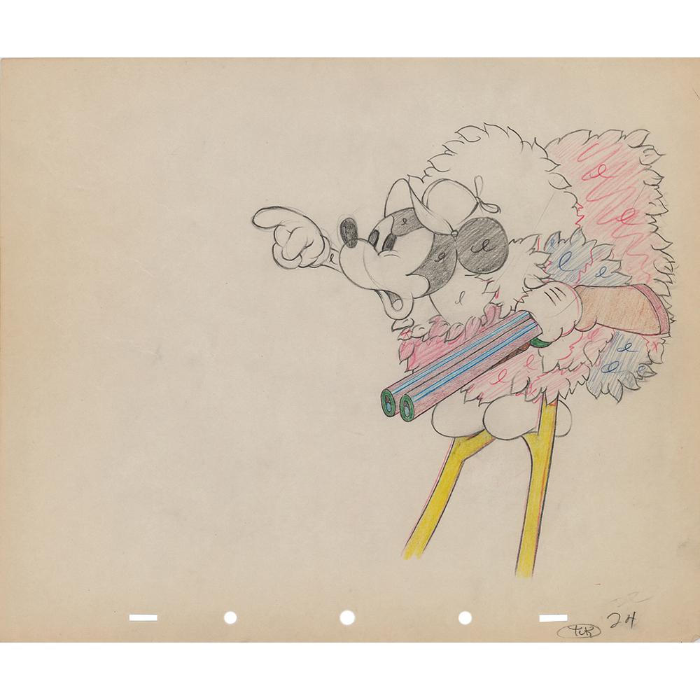 Mickey Mouse production drawings from Moose Hunters: (Walt Disney Studios, 1937) Fantastic group of three original production drawings featuring Mickey Mouse from Moose Hunters, showing the stilt-walking hunter camouflaged as a bush and holding a double