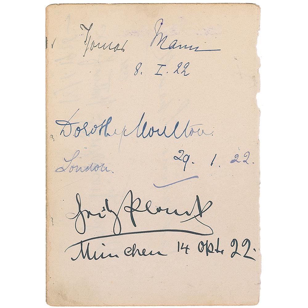 Thomas Mann: Highly influential, Nobel Prize-winning German novelist and social critic (1875-1955). Ink signature, "Thomas Mann, 8.I.22," on an off-white 4.75 x 7 album page, page is also signed by two others, and