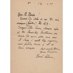 Carl Nielsen Autograph Letter Signed: Important Danish composer (1865-1931) best known for his six grandly scaled symphonies, a number of which bear such evocative subtitles as "The Expansive" (No. 3) and "The Inextinguishable" (No. 4). A