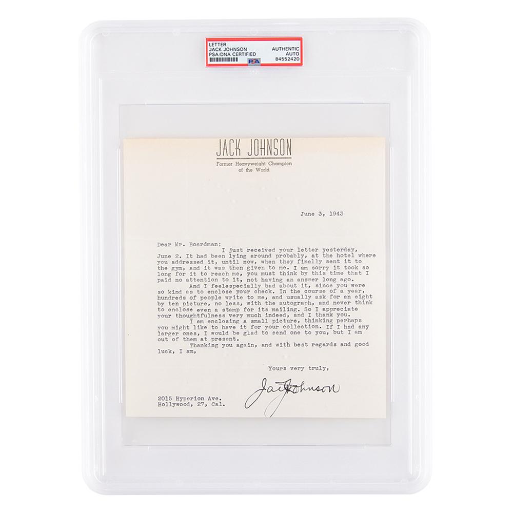 Jack Johnson Typed Letter Signed: TLS, one page, 7.25 x 7.75, personal letterhead, June 3, 1943. Letter to Mr. Boardman, in full: “I just received your letter yesterday, June 2. It had been lying around probably, at the hotel wh