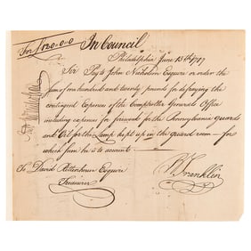 Benjamin Franklin Document Signed for "firewood for the Pennsylvania guards"