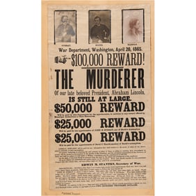 Lincoln Assassination: Rare Original Reward Broadside Poster for John Wilkes Booth and Conspirators: