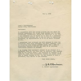 Robert Oppenheimer Signed Agreement for MGM's 1946 Docudrama 'The Beginning or the End,'