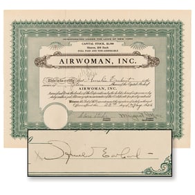 Amelia Earhart Signed 'Airwoman, Inc.' Stock Certificate