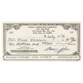 Steve Jobs Filled Out and Signed 'Apple Computer Company' Check to Elmar Electronics (July