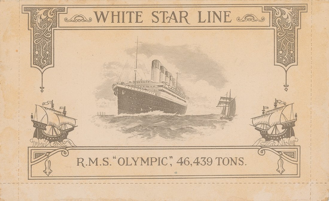 Olympic: Original “Gala Dinner” menu from the R.M.S. Olympic, 4.5 x 7.5, dated July 4, 1932, two pages. The vast menu offers several courses, with the inside front cover set up for the writing of a letter 