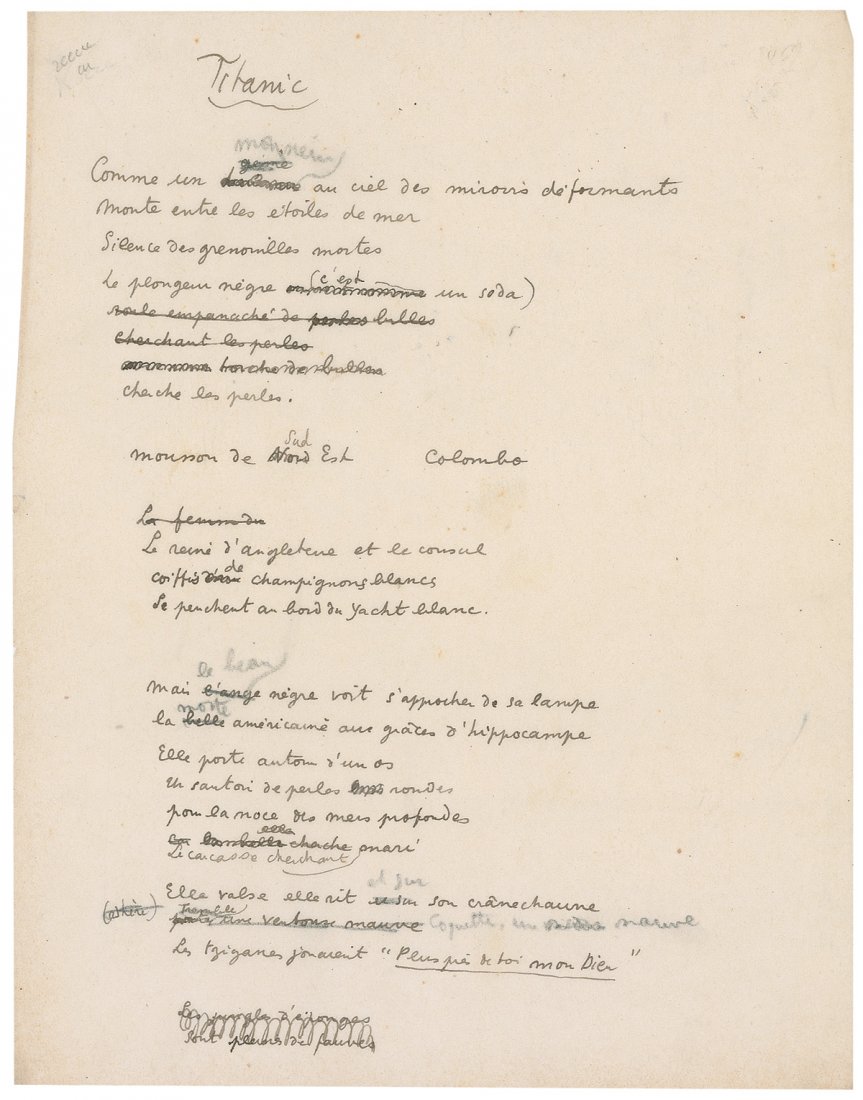 Jean Cocteau: Original handwritten manuscript, in French, entitled “Titanic,” two onionskin pages, 8.25 x 10.75. The heavily corrected manuscript has six stanzas written out by Cocteau and was intended for the 