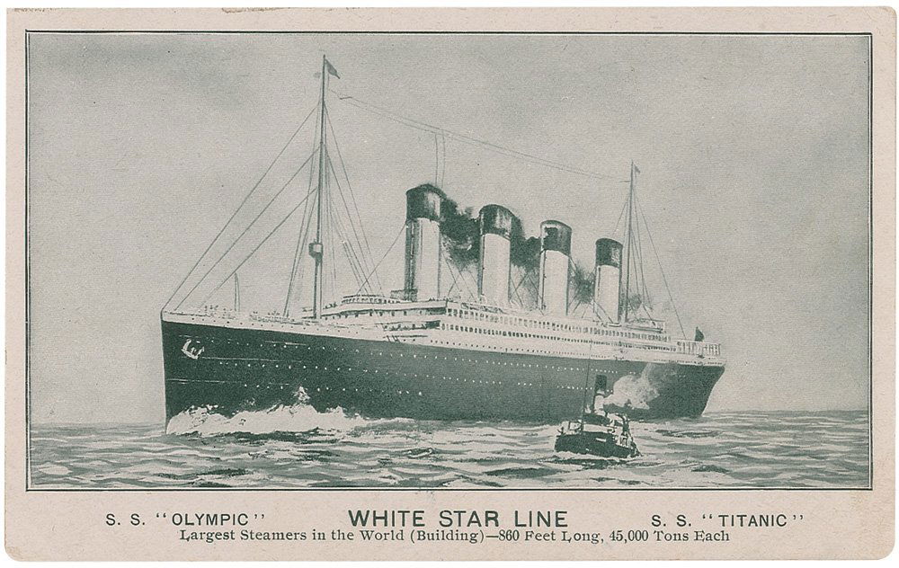 White Star Line, Olympic and Titanic: Unused postcard featuring an illustration of a White Star Line steamer towering over another ship, captioned at the bottom: “S. S. ‘Olympic,’ S. S. ‘Titanic,’ White Star Line, Largest Steame
