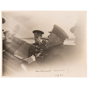 Winston Churchill World War II-Dated Signed Photograph, Shown with Cigar and Naval Anti-Aircraft Gun