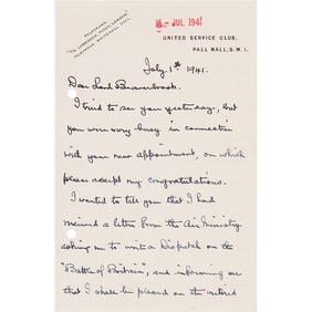 Hugh Dowding World War II-Dated Autograph Letter Signed to Lord Beaverbrook, on Preparing His