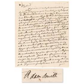 Adam Smith Autograph Letter Signed on a Student's Sickness - One Year After Publishing The Theory of