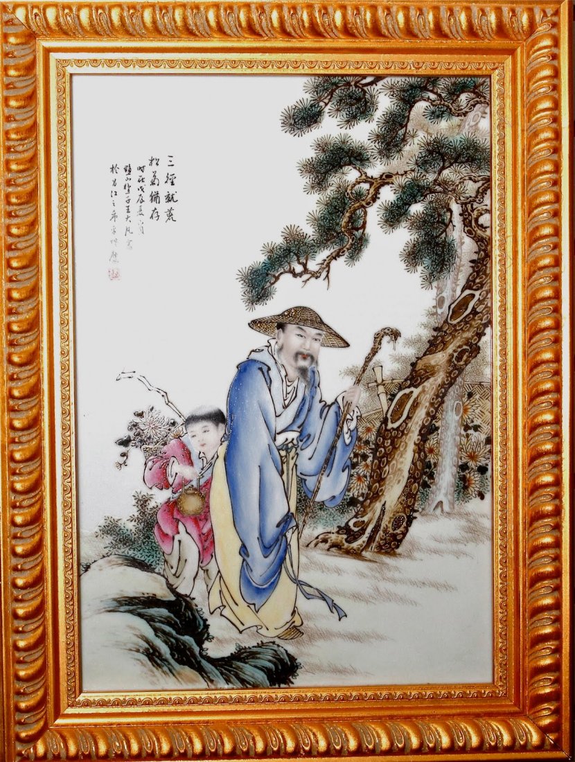 Famille Rose Porcelain Plaque: Republic period porcelain plaque signed Wang Dafan (1888-1961) Measurements: (unframed) H: 38.7cm, W: 26.2cm **Please refer to Shanghai International Commodity Auction co. Ltd., Lot 64, November 14, 2
