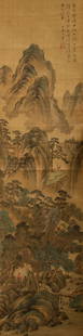 Chinese Scroll Painting, Qing Dynasty: Ink painting on silk after Wang Hui depicting mountainous landscape, pavilions and people. Inscribed with poem, signed with maker’s seal mark. Measurement: 157.4cm X 40cm