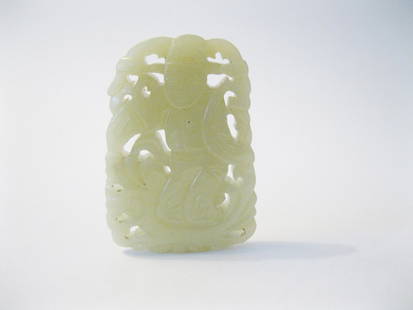 Three Antique Jade Carvings: Three antique jade Carvings. Celadon jade openwork carving of scholar. Height: 2.8 inches (7.1 cm). Celadon jade pendant of a walking boy and clouds. Inscribed on verso. Height: 2.9 inches (7.4 cm). F