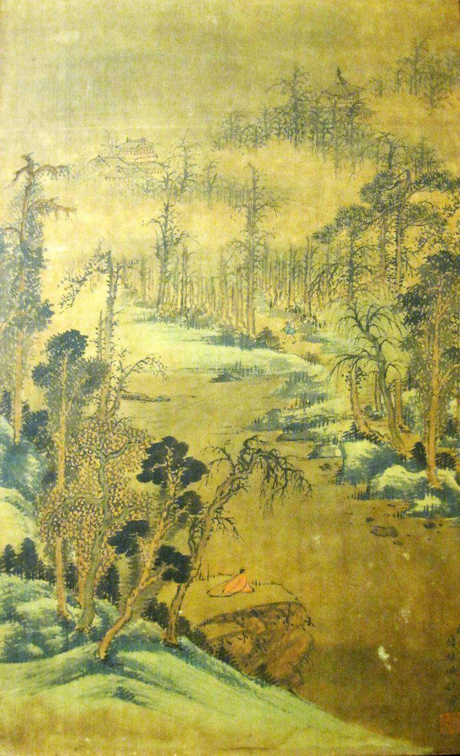 Chinese scroll painting attributed to Qian Weicheng: Chinese scroll painting attributed to Qian Weicheng (1720-1772). Ink and color on silk, inscribed and signed by the artist with one seal. Painting size: 30 x 18 inches (76 x 46 cm). Qian Weicheng was