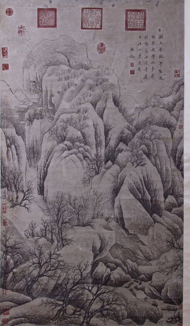 After Fan Kuan (990-1020), 19th Century or earlier: Chinese scroll painting after Fan Kuan (990-1020), 19th Century or earlier. Ink on paper, inscribed and signed by the artist with numerous seal marks. Painting size: 47 by 27 inches (120 cm by 69 cm).
