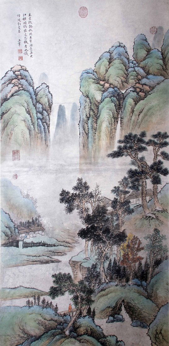Fine Chinese Landscape Painting, signed Wang Hui: Fine Chinese Landscape Painting signed Wang Hui (1632-1717). Ink and color on paper, 20th Century. Inscribed and signed by the artist with multiple seal marks. Measurement: 51 x 25 inches (130 x 64 cm