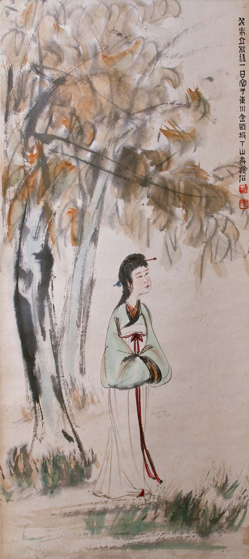 Chinese Ink Painting Signed Fu Baoshi (1904-1965): Chinese Ink Painting Signed Fu Baoshi (1904-1965). Ink and color on paper with two seal marks. Measurement: 37 x 17 inches (94 x 43 cm)
