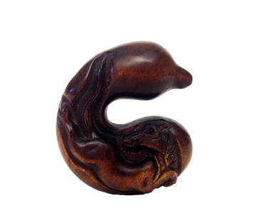 Antique Boxwood Netuske, Signed: Antique Boxwood Netuske, Signed. Finely carved boxwood netsuke of an encased horse. With maker's mark. Height: 1.7 inches (4.3 cm)