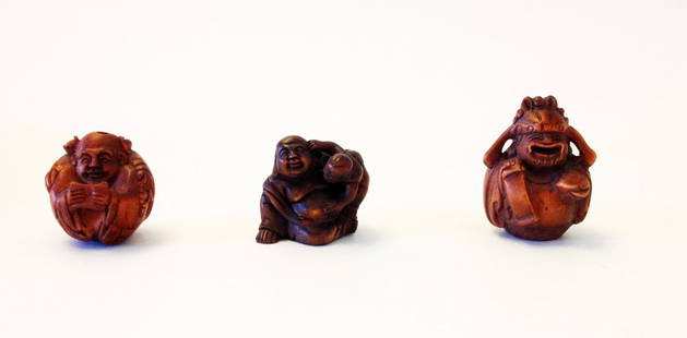 Three Boxwood Netsukes, Signed: Three finely carved boxwood netsuke. All signed. Late Meiji period. Size: (largest) 1.1 inches, (smallest) 0.7 inches