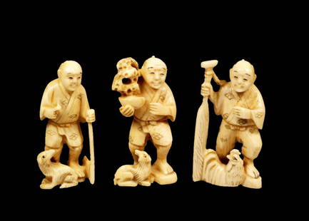 Three Antique Ivory Netsukes, late Meiji Period: Three Antique Ivory Netsukes, late Meiji Period. Each finely carved and comprising of a man and a dog; a man and a hare; and a man and a rooster. Height (of each one): 1.9 inches (4.8 cm)