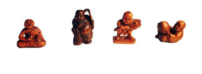 Four Boxwood Netsuke, Signed: Four finely detailed boxwood netuske, early 20th century. All signed. Size: (largest) 1.1 inches, (smallest) 0.6 inches