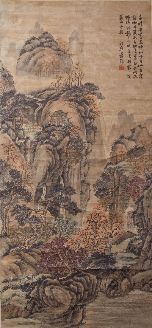 Chinese Silk painting signed Long Qiao Xiao Mao: Chinese Silk painting signed Long Qiao Xiao Mao. Inscribed by the artist with one seal Xiao Mao Zhi Ying. Ink and color on silk. Painting size: 52.5 x 24.75 inches (133 x 63 cm)