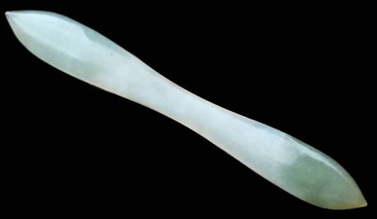 Translucent Green Jadeite Hairpin, 19th Century: Translucent Green Jadeite Hairpin, 19th Century. Finely carved jadeite carving displaying translucent green and white color. Length: 4.5 inches (11.43 cm)