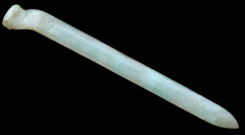 Fine Light Green Jade Hairpin, 18/19th Century: Fine Light Green Jade Hairpin, 18/19th Century. Well carved jade hairpin of light green color with incised "Shou" symbol. Length: 4.7 inches (12 cm)