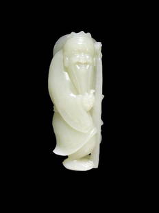 Fine White Jade Scholar, Qing Dynasty: Fine White Jade Scholar, Qing Dynasty. Depicting a bearded scholar with a walking stick wearing a loose fitting robe tied at the waist and finely incised hat hanging from his neck. Finely carved with