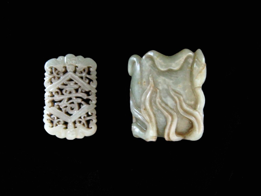 Two Celadon Jade Carvings: Two Celadon Jade Carvings. 1) Openwork pendant carved with bats and a longevity symbol Measurement: 2.56 x 1.77 inches (6.5 x 4.5 cm) Celadon Jade Brushwasher, Qing Dynasty. Well hollowed, of naturali