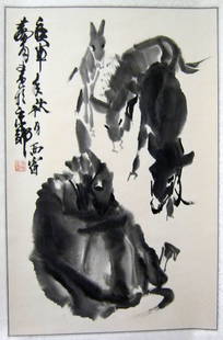 Chinese Scroll Painting, Signed Huang Zhou(1925-1997): Chinese Scroll Painting, Signed Huang Zhou (1925-1997). Ink on paper. Inscribed and signed by the artist with one seal mark. Painting size: 27 x 17 inches (69 x 43 cm)