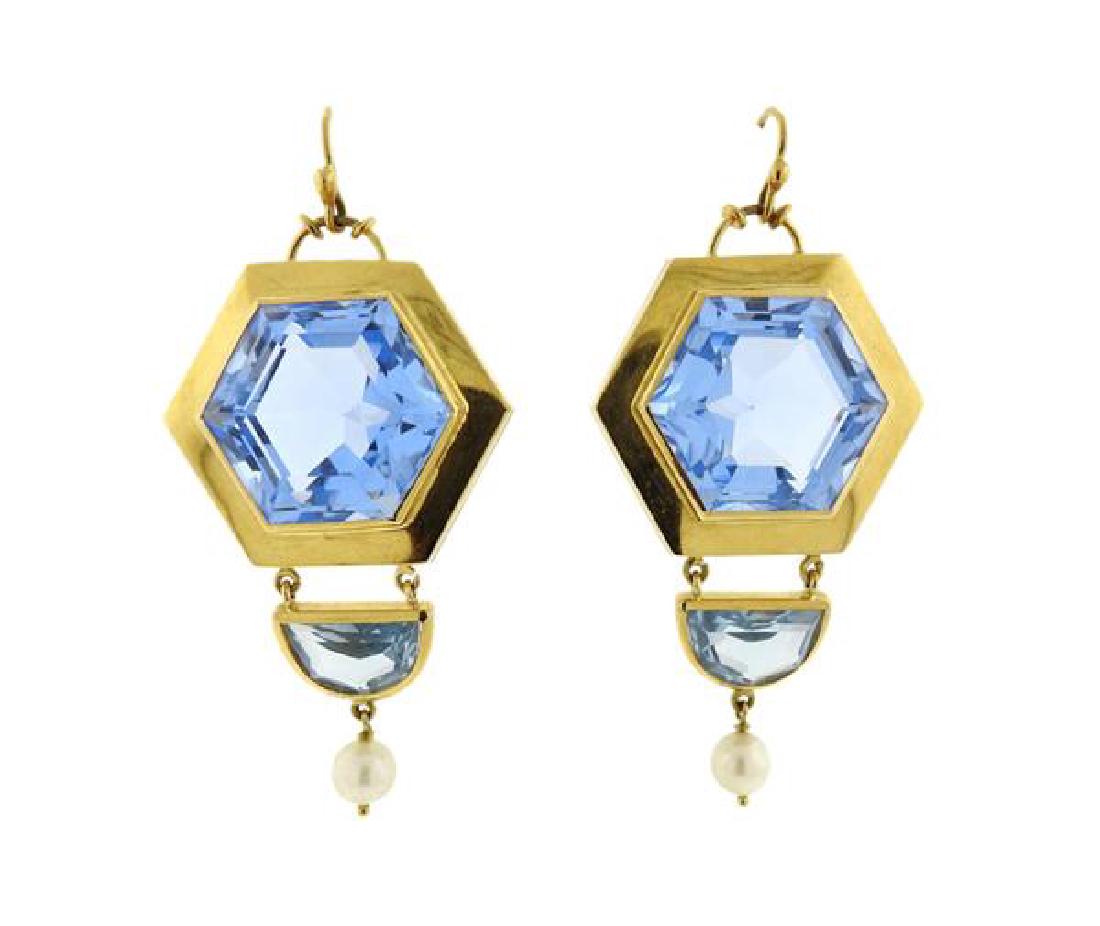 18k Gold Large Blue Stone Pearl Earrings (1 of 4)