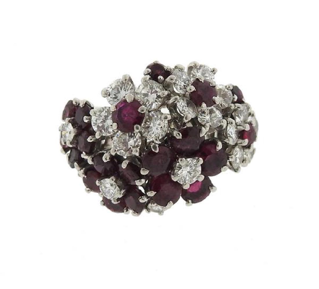 Platinum Diamond Red Stone Flower Motif Ring (1 of 3)