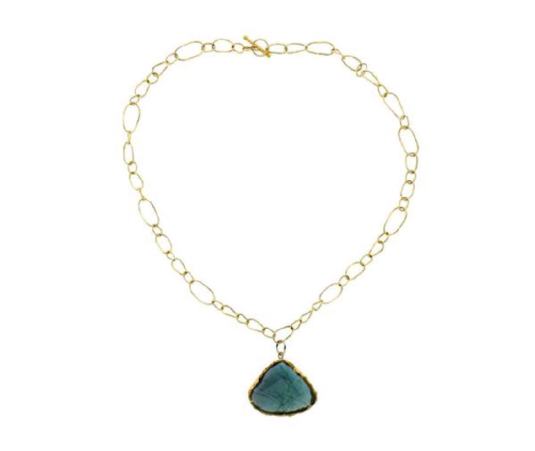 18K Gold Blue Stone Pendant Link Toggle Necklace (1 of 3)