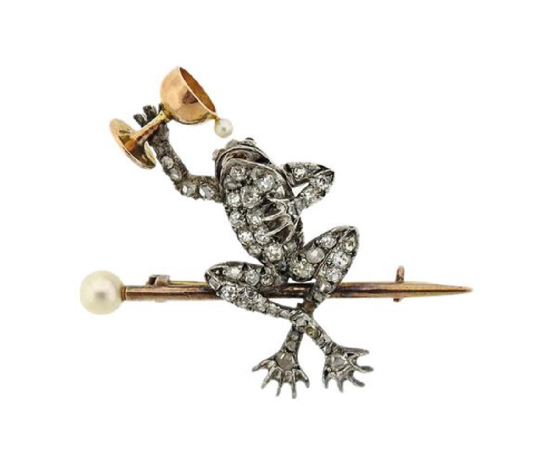 Antique 14K Gold Platinum Pearl Frog Brooch Pin (1 of 3)