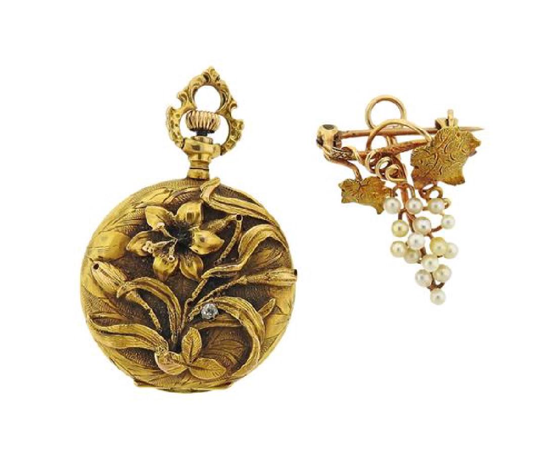 Antique 14k Gold Diamond High Relief Pocket Watch (1 of 4)