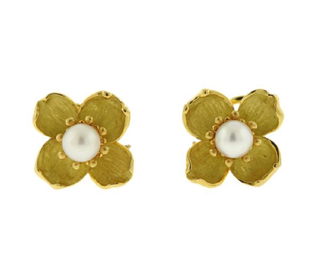 Tiffany & Co 18K Gold Pearl Flower Motif Earrings (1 of 3)