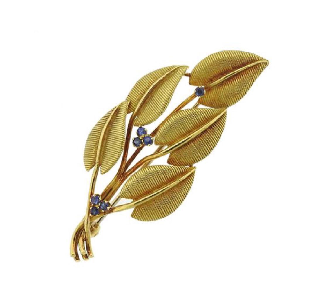 Vintage Tiffany & Co 18K Gold Sapphire Leaf Brooch (1 of 3)