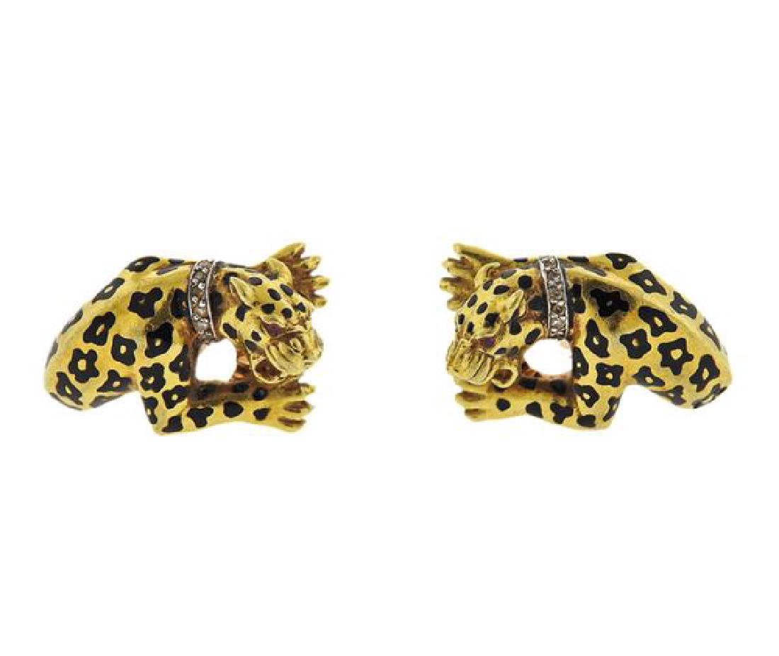 18K Gold Diamond Red Stone Enamel Leopard Earrings (1 of 5)