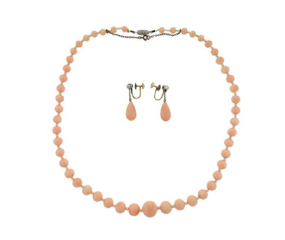Platinum Gold Diamond Coral Pearl Necklace Earrings Set (1 of 4)