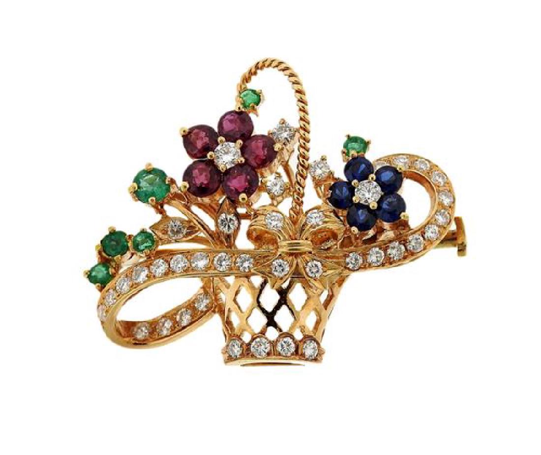 18k Gold Diamond Multi Gemstone Flower Basket Brooch (1 of 3)